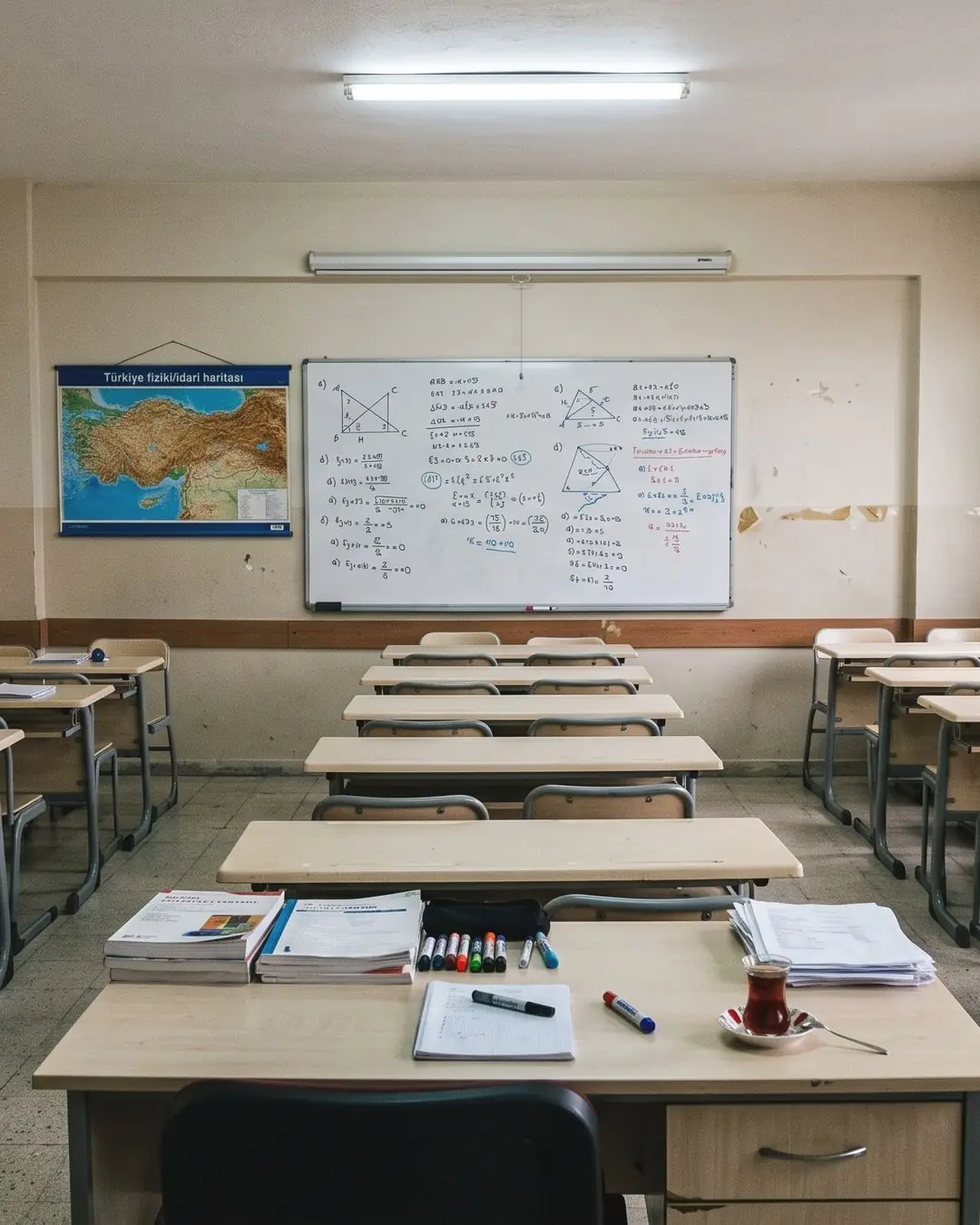 Dershane sınıfı: sıra sıra masalar, tahtada matematik çözümleri, çay bardağı
