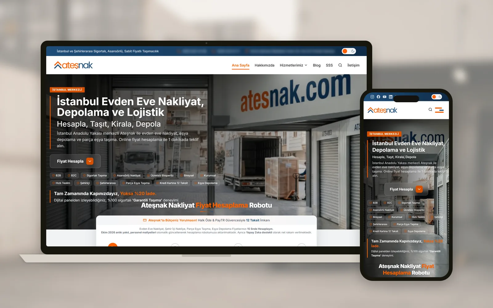 Ateşnak nakliyat sitesi laptop ve telefonda