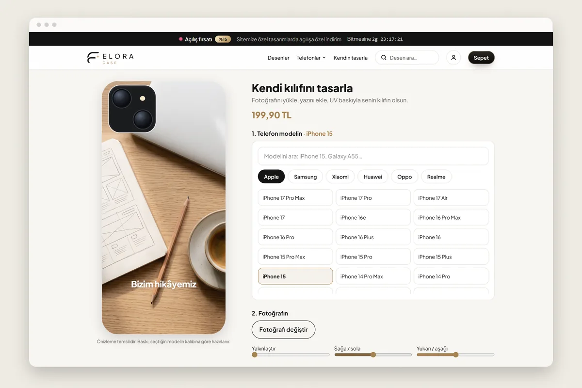 Elora Case kişiselleştirme ekranı, canlı önizleme