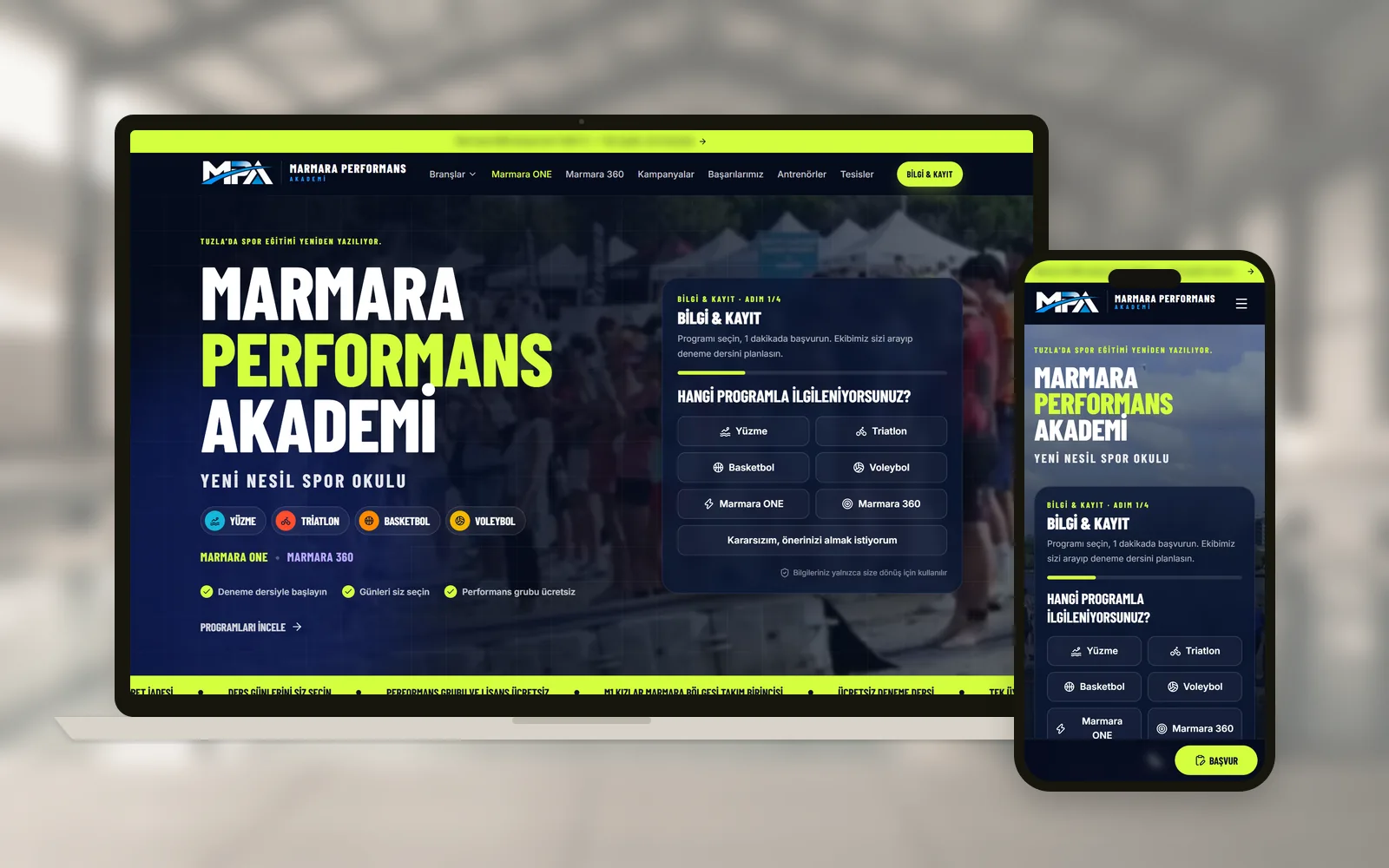 Marmara Performans spor akademisi sitesi laptop ve telefonda