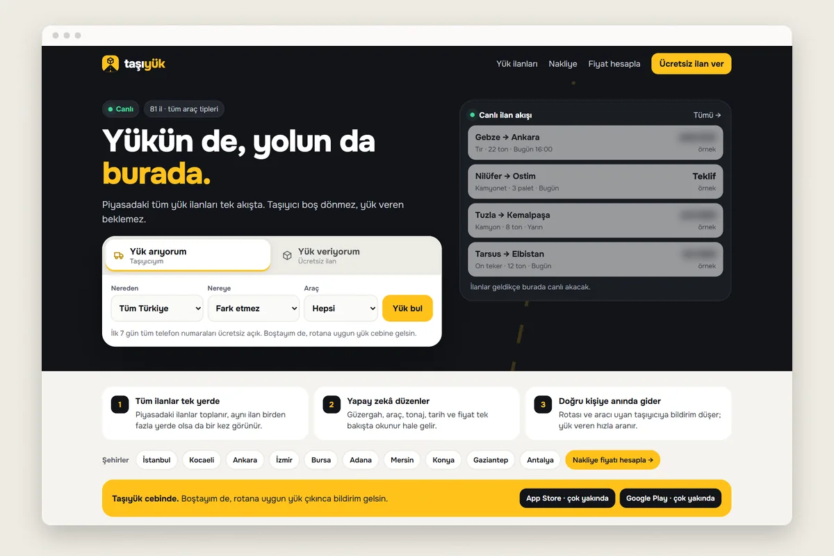 Taşıyük ana sayfası: yük arama formu ve canlı ilan akışı