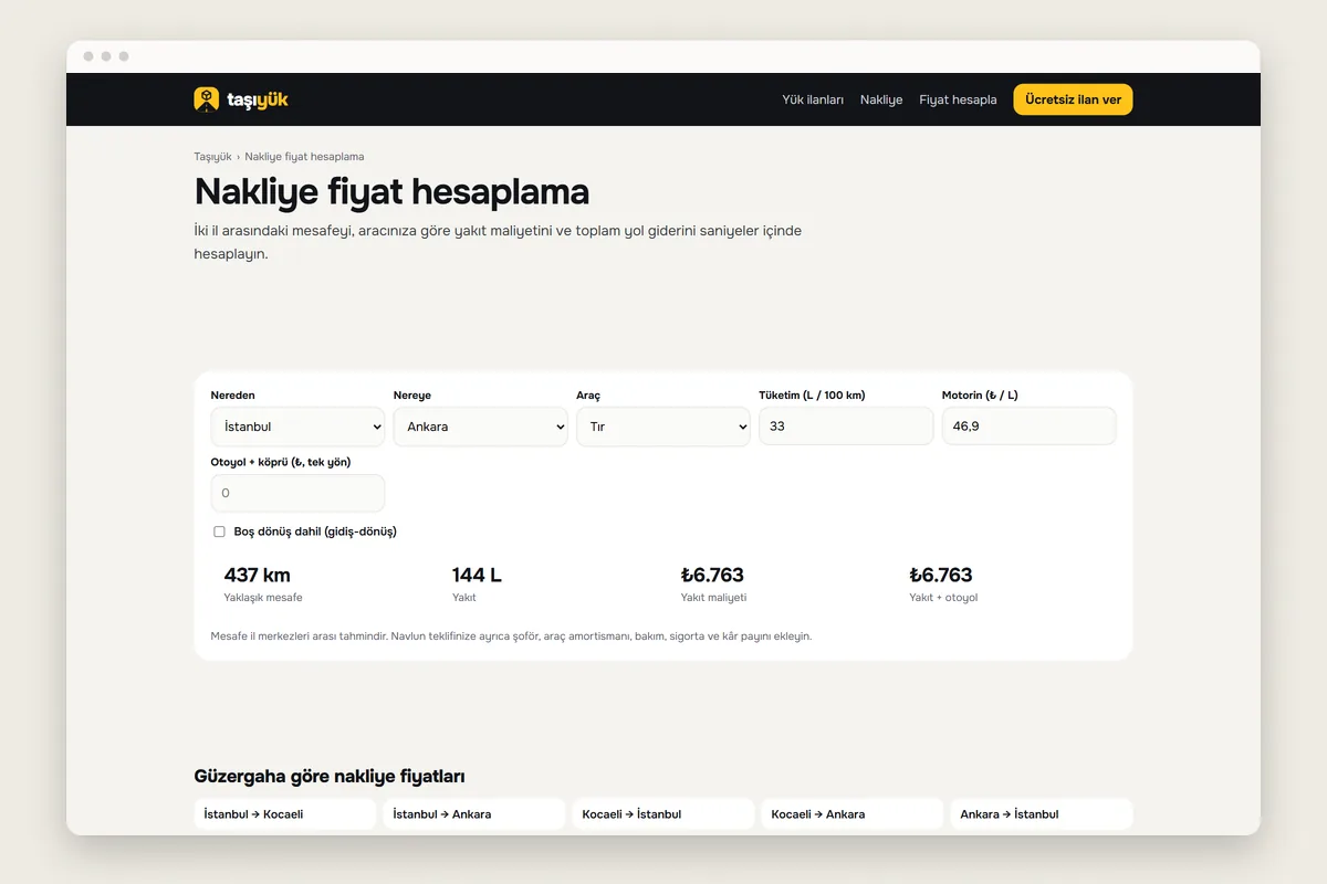 Taşıyük nakliye fiyatı hesaplama sayfası