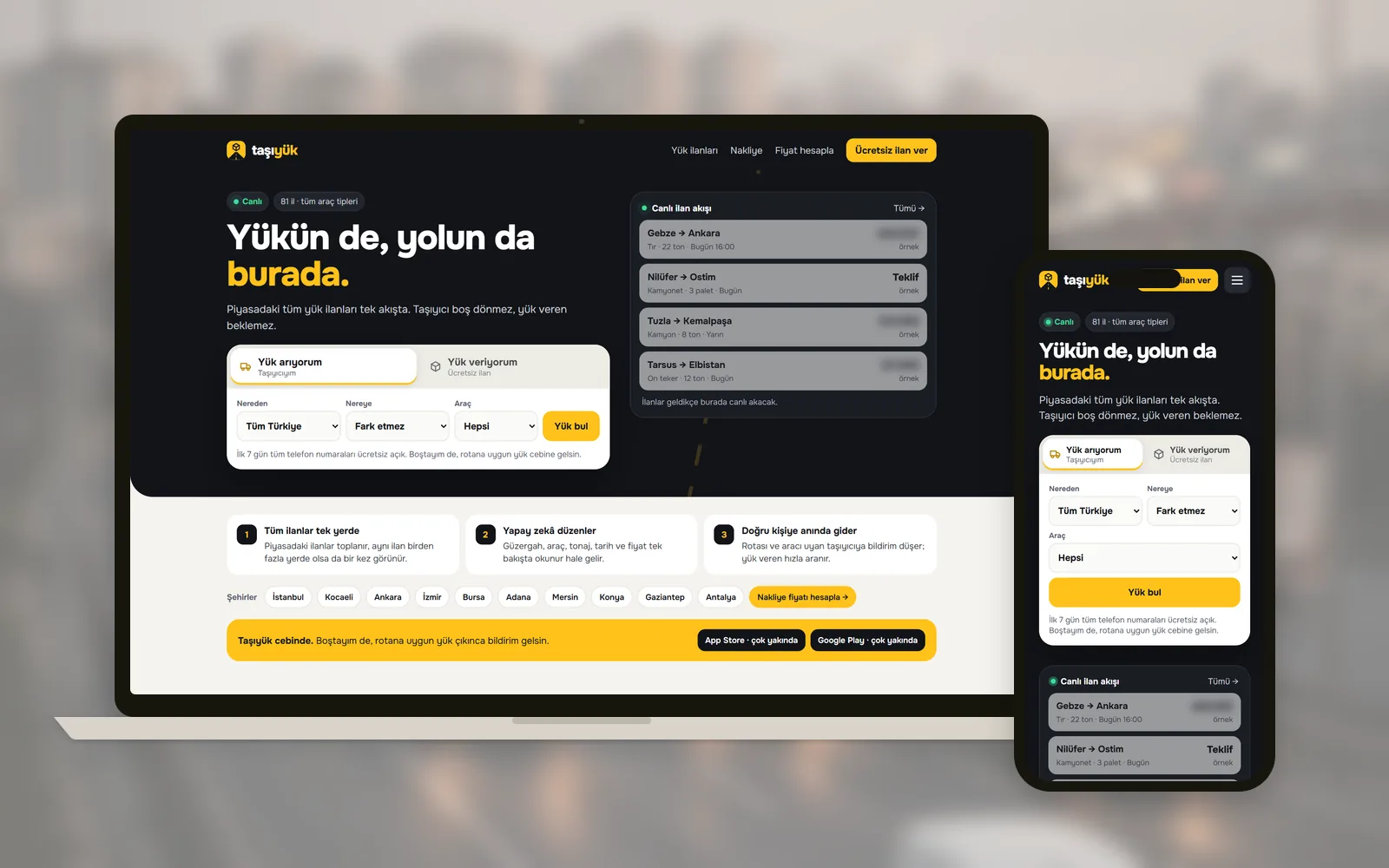 Taşıyük yük ilanı platformu laptop ve telefonda