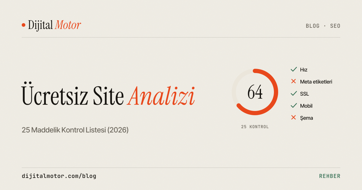 Ekranda web sitesi analiz raporu: hız, SEO, ölçüm etiketleri, dönüşüm ve yapay zekâ görünürlüğü kategorilerinde yeşil, sarı ve kırmızı durum işaretleriyle 25 kontrol maddesi